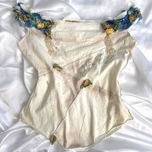 Vintage Jazz Jeans Off Shoulder Top Floral Applique Beaded Fringe Fairycore